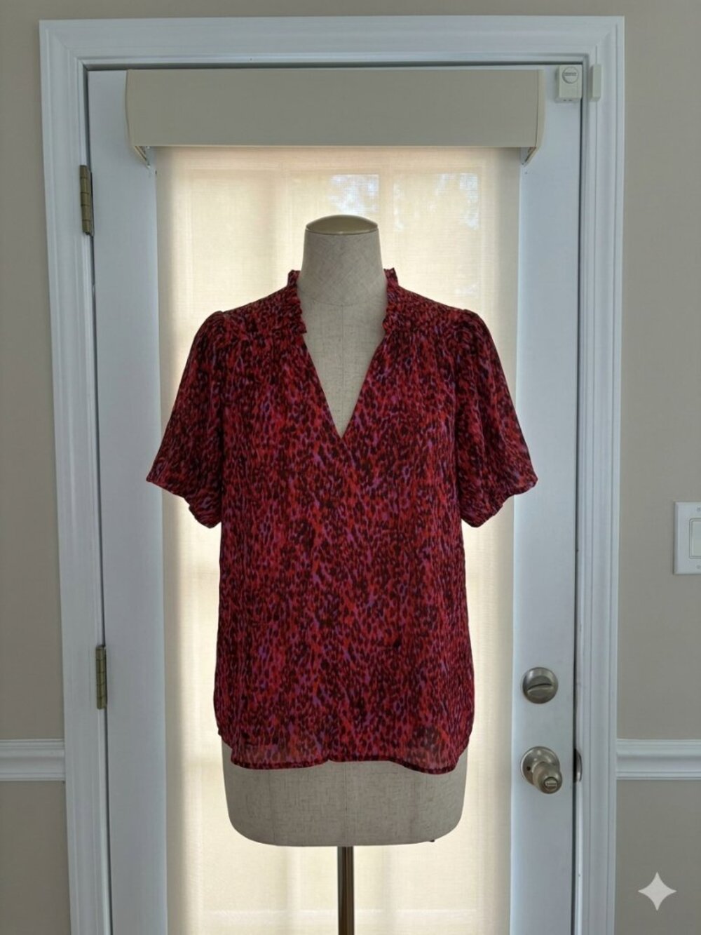 Ruffle Neck Abstract Animal Print Blouse